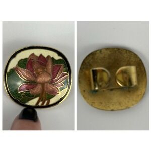 Vtg Cloisonné Enamel Pink Lotus Flower Scarf Clip Gold Tone Buckle‎ Art Nouveau